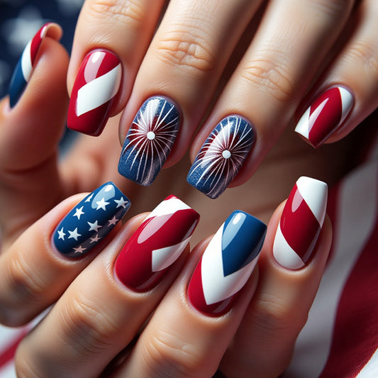 Patriotic Celebration Medium Square Red Blue and White Press on Nail Set with Star and Firework Designs