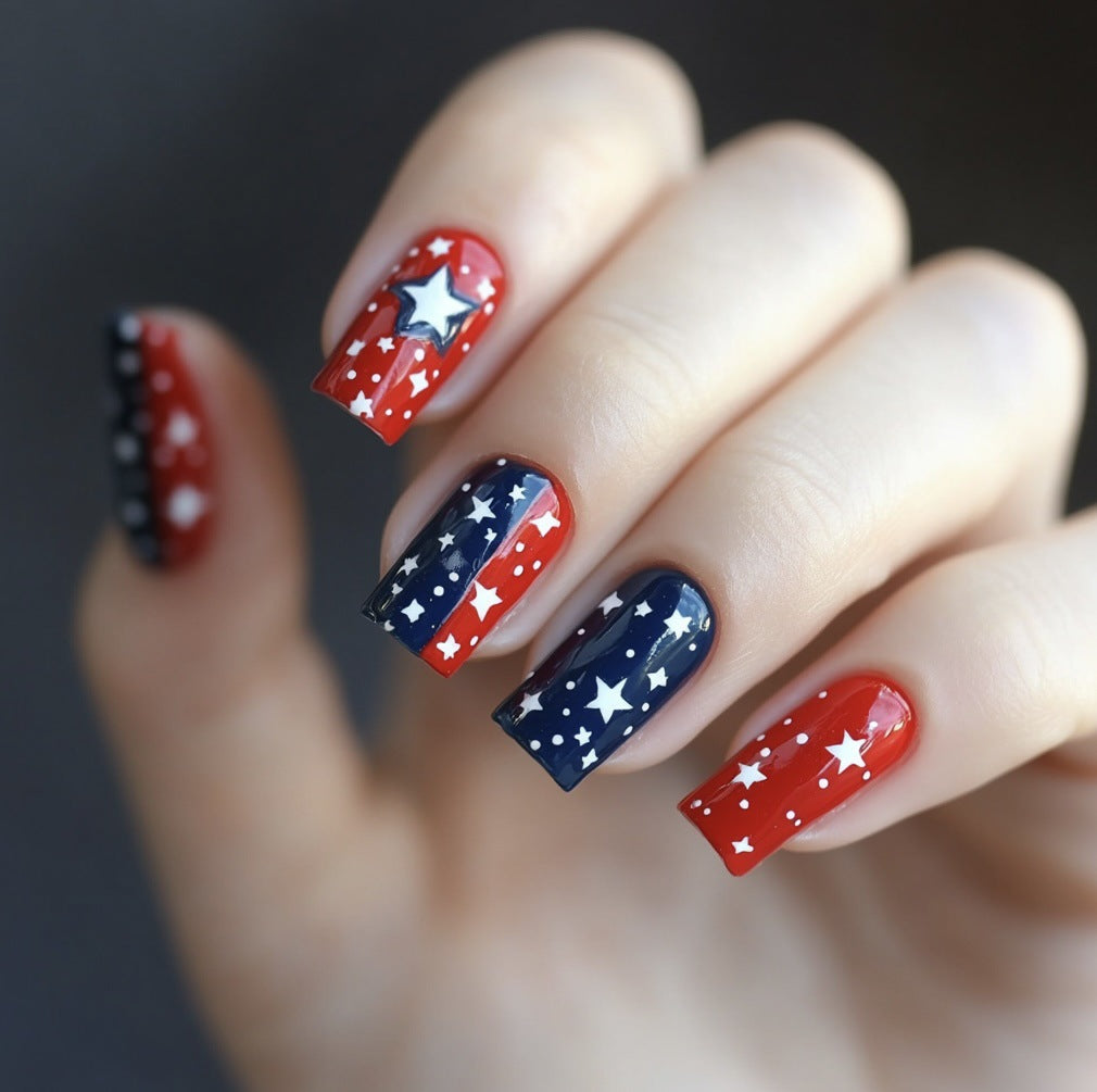 Star-Spangled Glamour Short Square Red and Blue with White Stars Press-On Nail Set