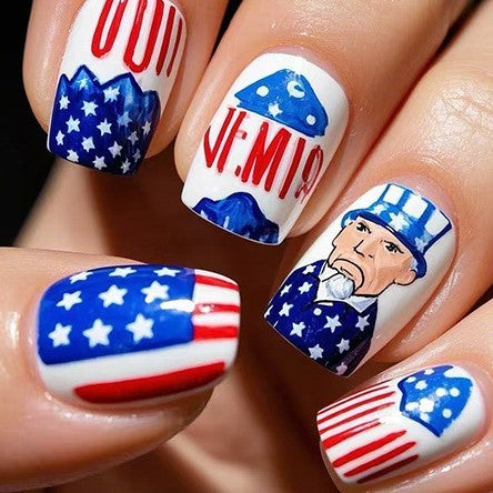 Patriotic Celebration Short Square Red White and Blue Press On Nail Set with Unique Artwork Design