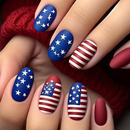 Patriotic Elegance Short Oval Long Blue and Red Press On Nail Set Featuring Star and Stripe Design