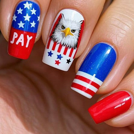 Patriotic Celebration Medium Square Red White and Blue Press On Nail Set Featuring Bold Eagle Design