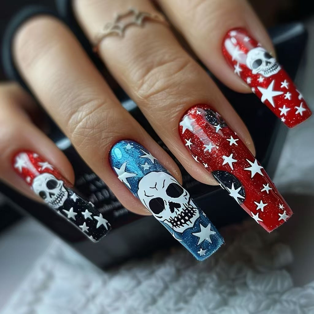 Gothic Starry Night Long Square Red Blue and Black Press On Nail Set with Skull Design