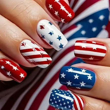 Patriotic Delight Medium Square Red White and Blue with Star Motifs Press On Nail Set