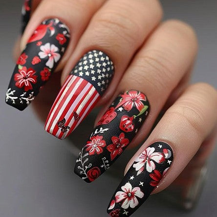 Festival of Freedom Long Coffin Shape Black Red Floral Press-On Nail Set with Bold Star and Stripe Feature