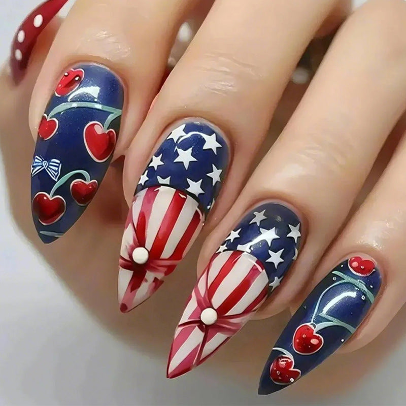 Patriotic Blossom Long Stiletto Red and Blue Design with Charming Cherry Accents