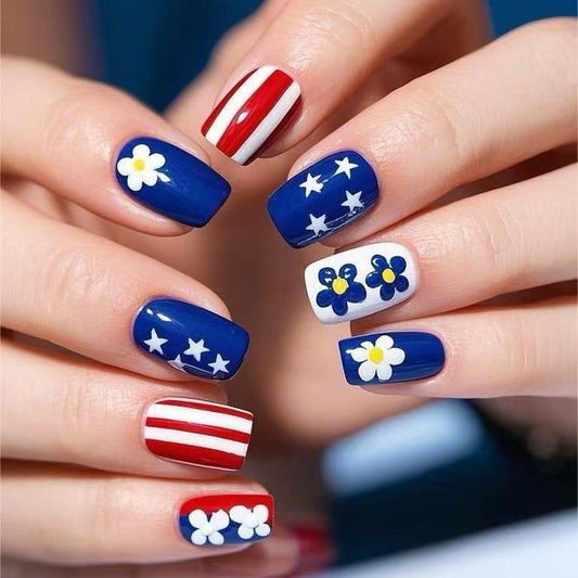 Patriotic Floral Charm Medium Square Blue Red White Artistry Press On Nail Set