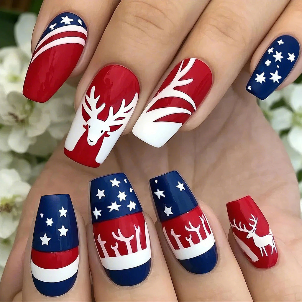 Festive Winter Wonderland Medium Square Red and Blue Nail Set with Reindeer and Star Designs