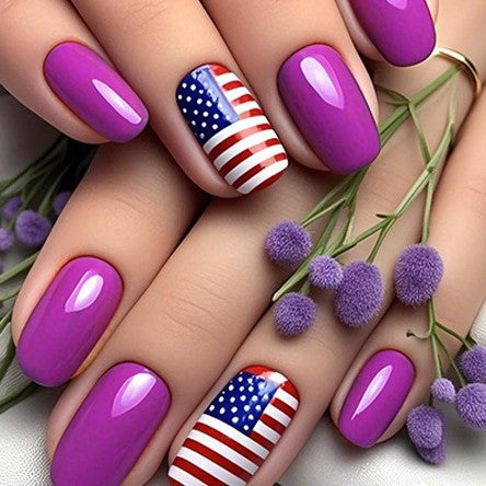 Patriotic Glamour Short Square Vibrant Purple with Unique American Flag Design Press On Nail Set