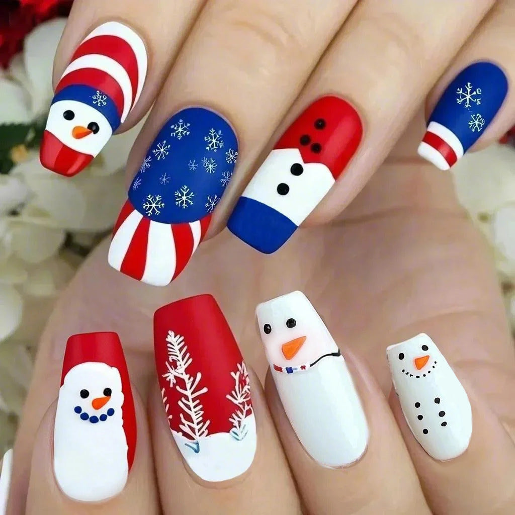 Winter Wonderland Holiday Long Square Red Blue White Press On Nail Set with Charming Snowman and Snowflake Designs