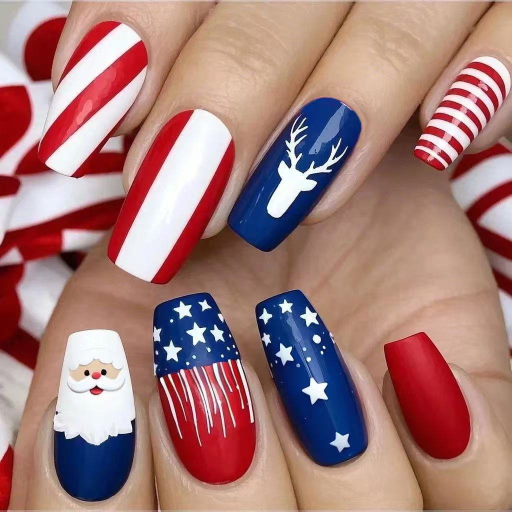 Festive Holiday Glamour Long Square Red and Blue with Whimsical Santa and Reindeer Designs Nail Set