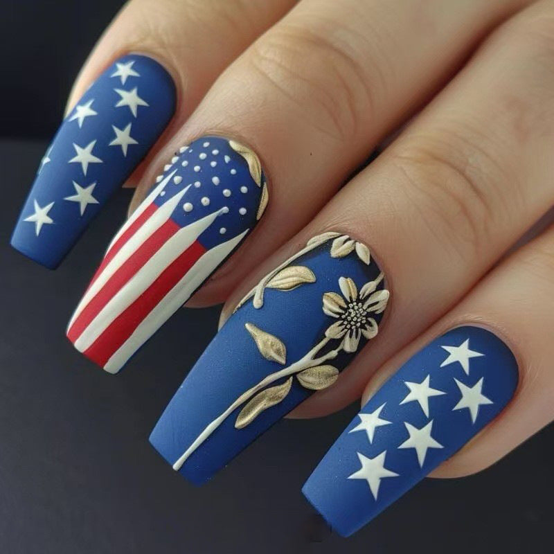 Patriotic Elegance Long Square Blue Matte with American Flag Design and Floral Detailing Press On Nail Set