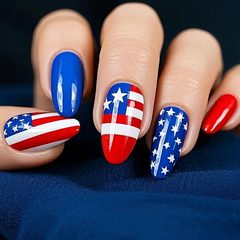 Patriotic Vibes Long Almond Red and Blue with Star and Stripe Design Nail Set