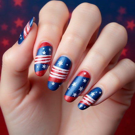 Patriotic Elegance Medium Oval Blue and Red Nail Set with Star and Stripe Design