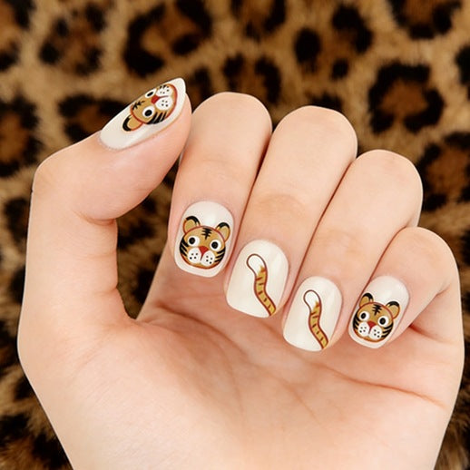 Wild Safari Inspired Medium Square Cream Colored Press On Nail Set with Adorable Tiger Faces