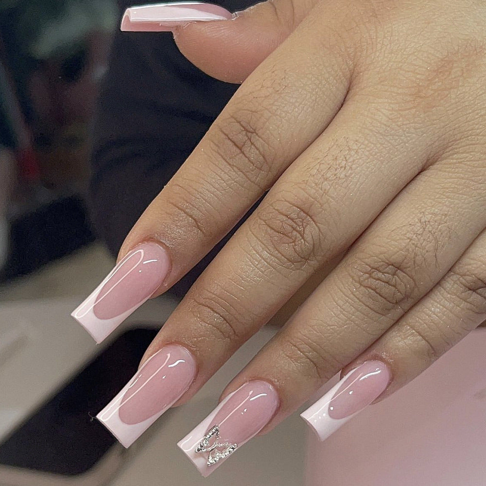 Chic Elegance Long Square Pink Press On Nail Set with Glitter Butterfly Accent