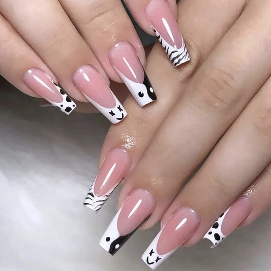 Cute Animal Print Long Coffin Tip Press On Nail Set in Pink and White with Unique Graphic Designs