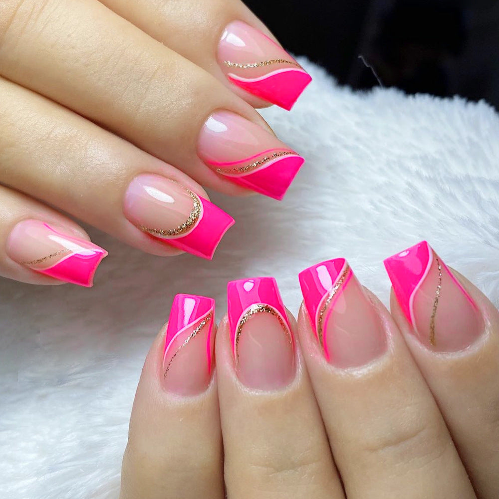 Vibrant Summer Sunset Long Coffin Pink Press On Nail Set with Gold Wave Accent