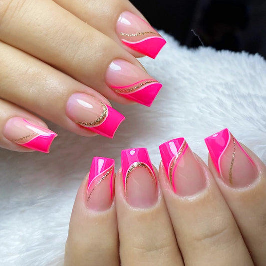 Vibrant Summer Sunset Long Coffin Pink Press On Nail Set with Gold Wave Accent