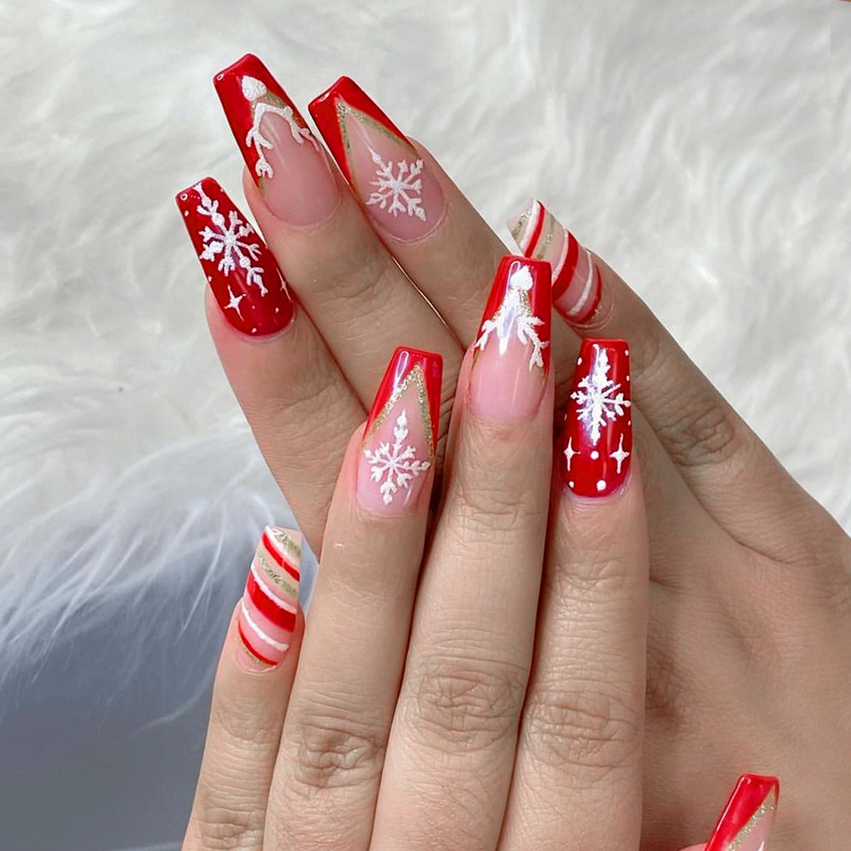 Festive Winter Wonderland Long Coffin Red Press On Nail Set with Snowflake and Candy Cane Design