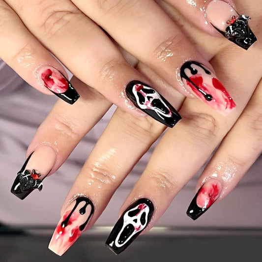 Spooky Halloween Long Coffin Red And Black Press On Nails With Unique Blood Splatter Design