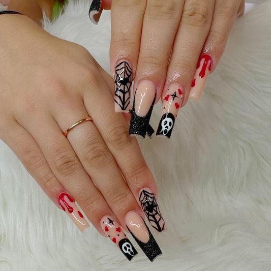 Halloween Glam Long Square Press On Nails Red Black And Beige With Spider Web And Blood Drip Design