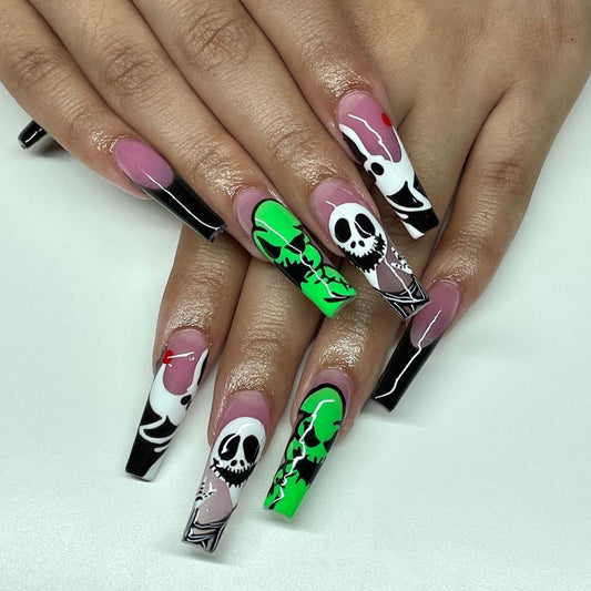 Spooky Gothic Glam Long Coffin Black Green Pink Skull Press On Nail Set With Unique Artistic Design