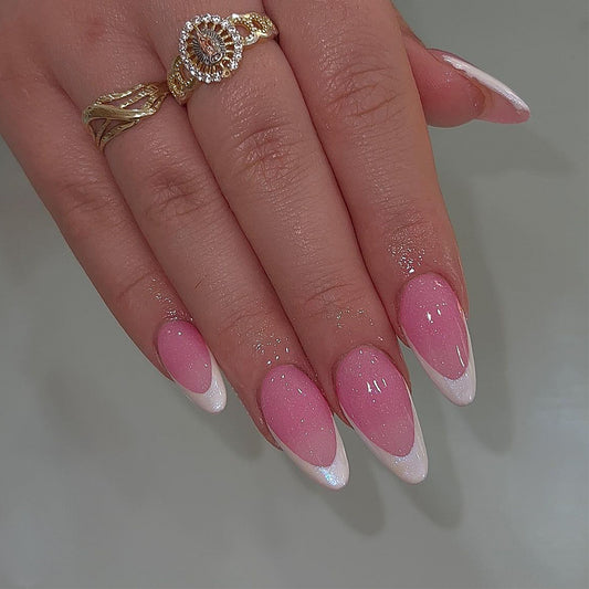 Charming Blossom Long Almond Pink Ombre Press On Nail Set with Glitter Tips