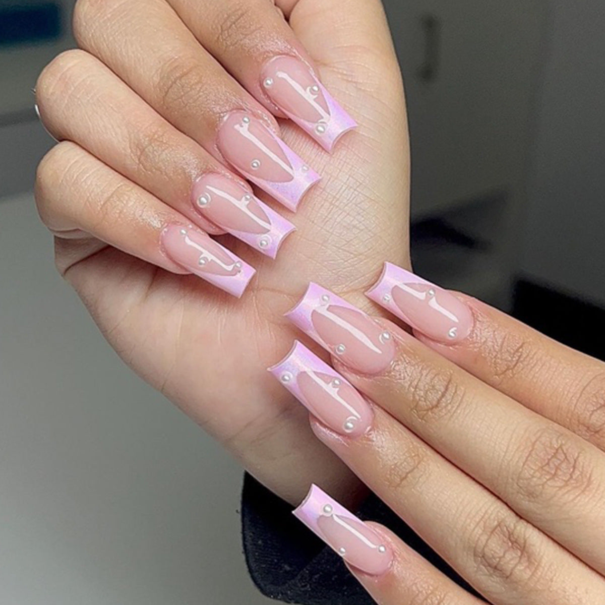 Elegant Blossom Long Square Pink Press On Nail Set with Pearl Accents