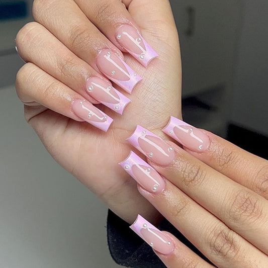 Elegant Blossom Long Square Pink Press On Nail Set with Pearl Accents