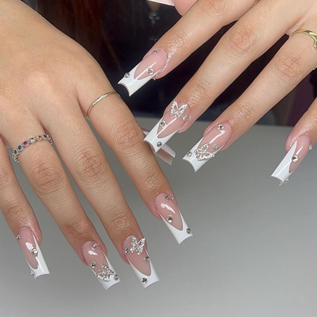 Elegant Butterfly Dream Long Square White and Pink Press On Nail Set with Crystal Accents