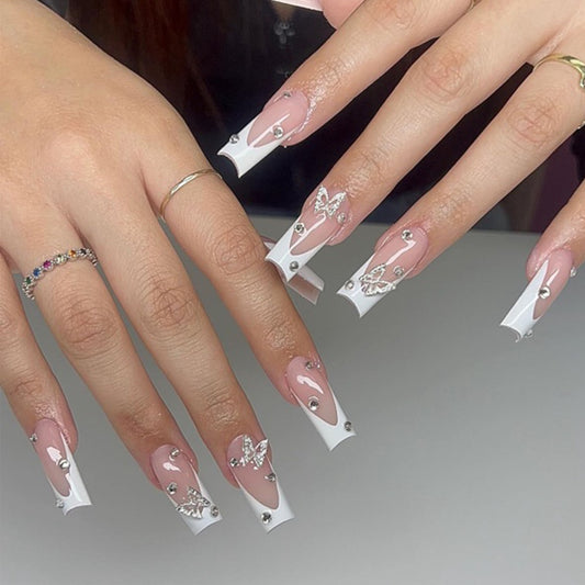 Elegant Butterfly Dream Long Square White and Pink Press On Nail Set with Crystal Accents