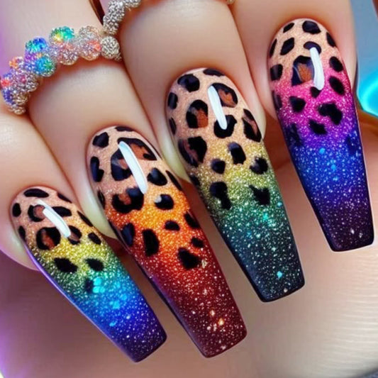 Wild Safari Glam Long Coffin Gradient Glitter Leopard Press On Nails Set
