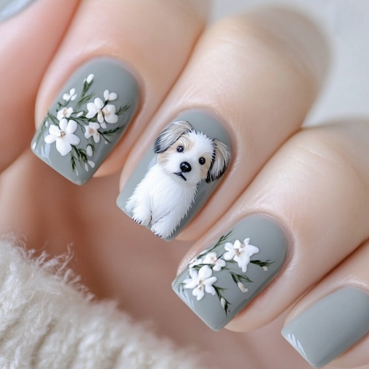 Whimsical Pet Parade Short Square Grey Floral Nail Set with Charming Dog Design