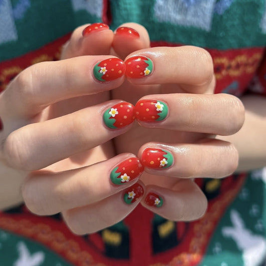 Berry Delightful Short Round Red Green Floral Press-On Nail Set with Charming Strawberry Design