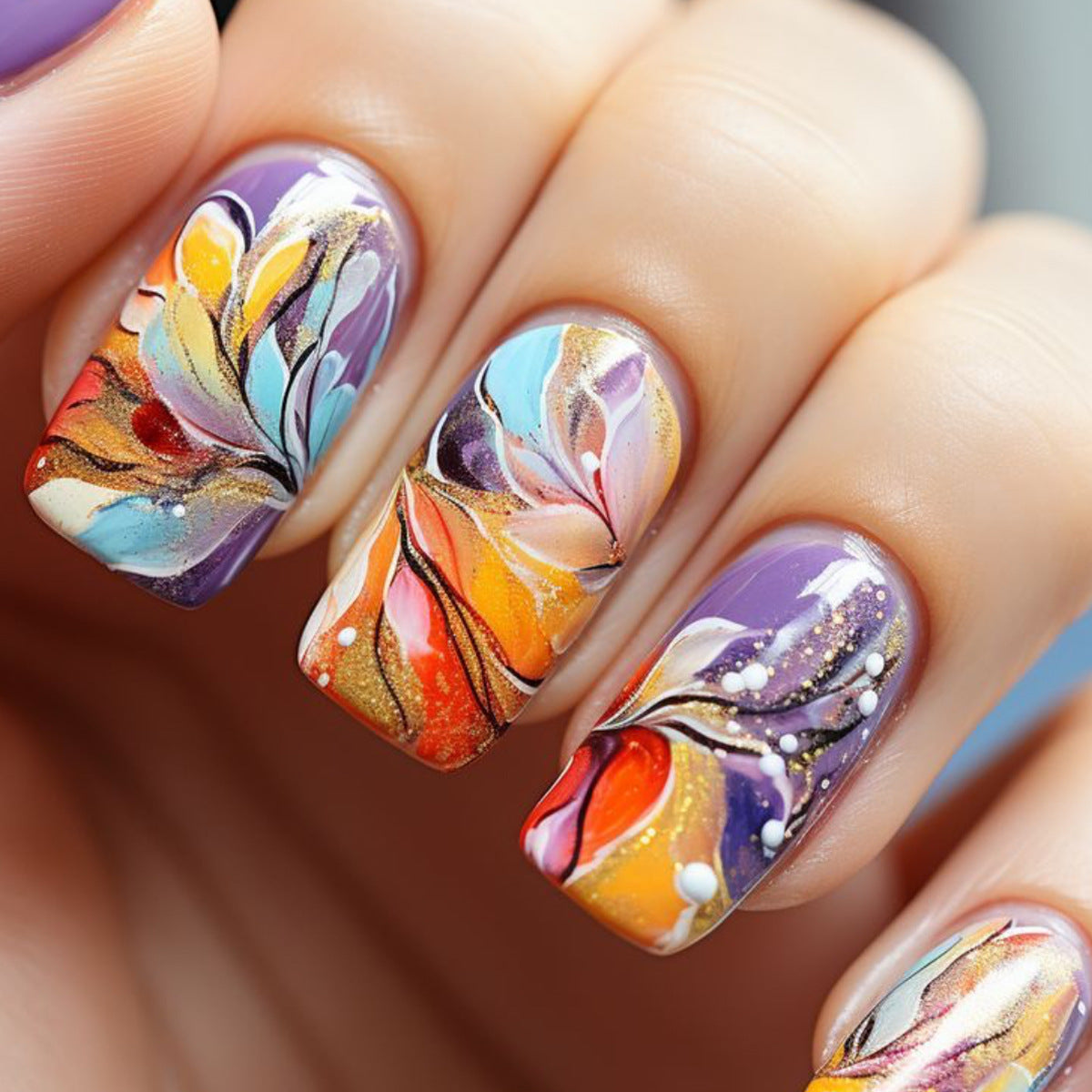 Vibrant Floral Art Short Square Press On Nail Set with Eye-Catching Glitter Finish