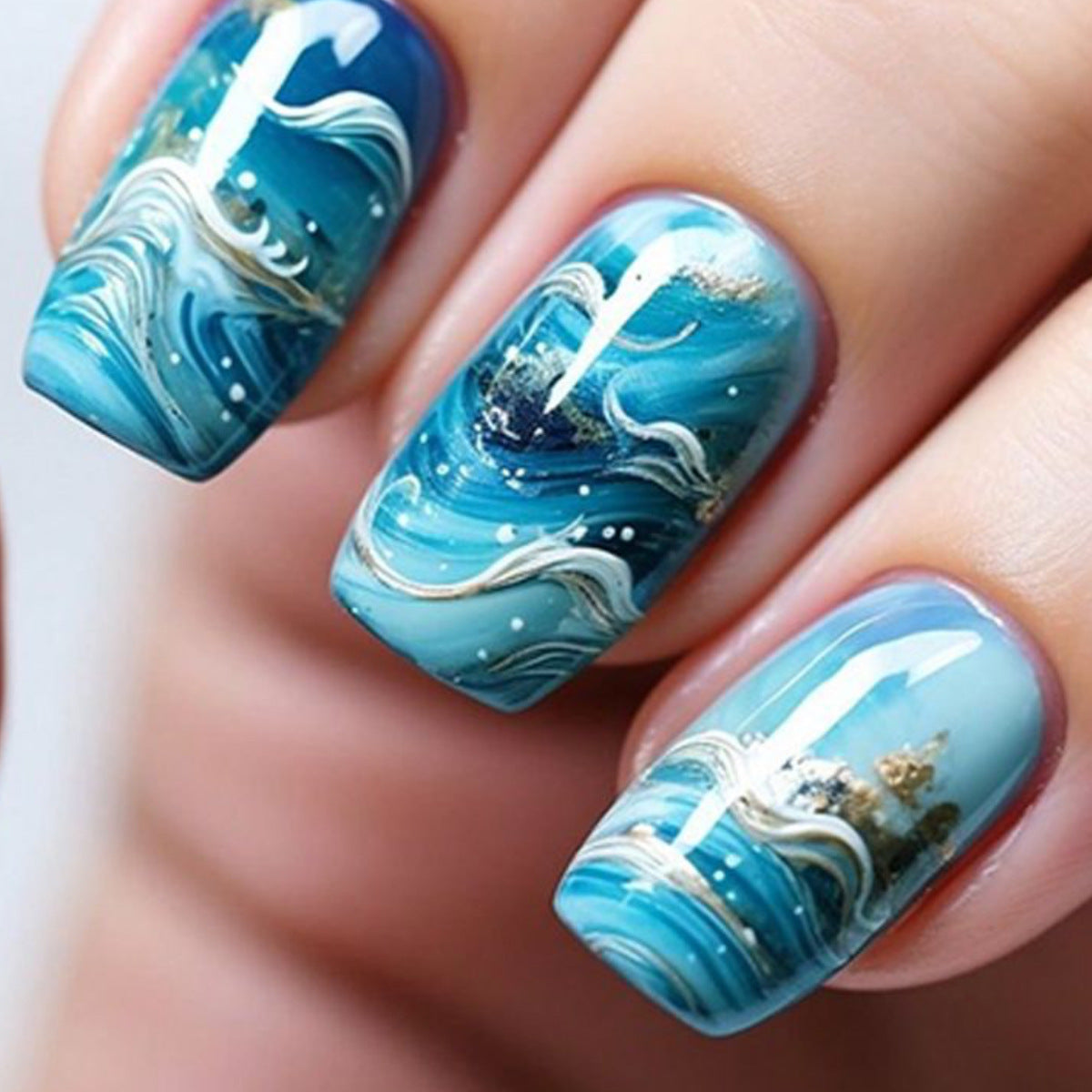 Oceanic Elegance Short Square Turquoise with Abstract Wave Design Press-On Nail Set