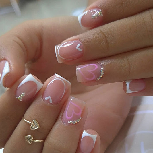 Charming Romance Short Square Pink with Heart Designs and Sparkling Accents Press On Nail Set