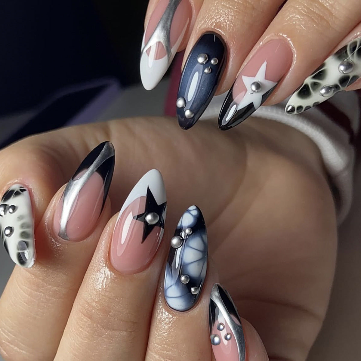 Galactic Glamour Long Almond Blue Black and White Gradient with Pearl Accents Press On Nail Set