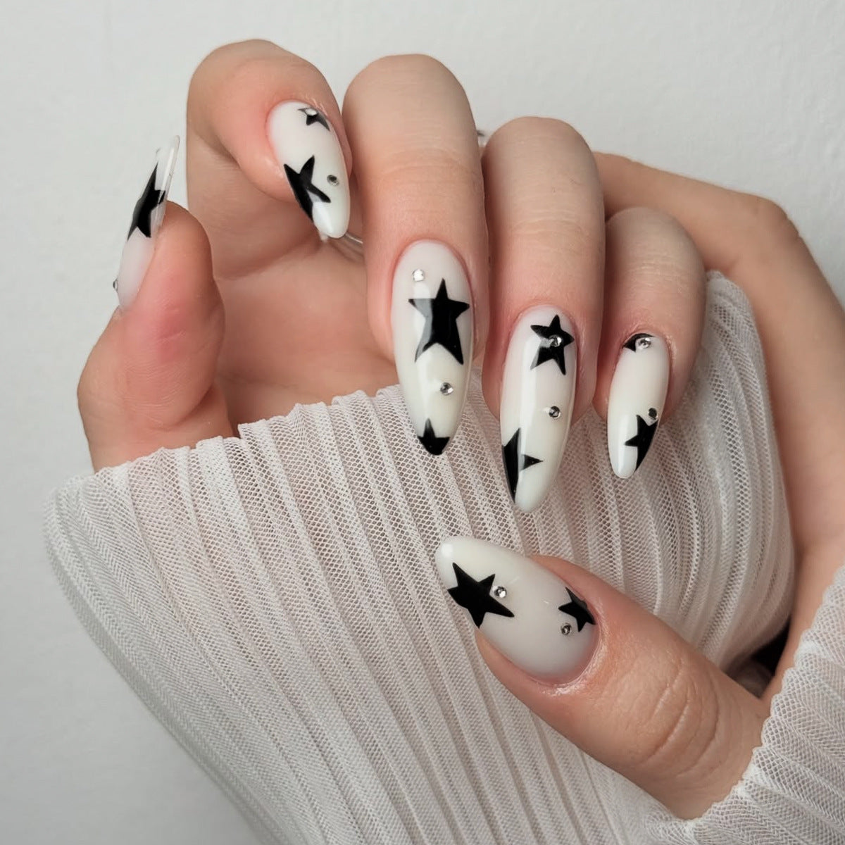 Celestial Dream Long Almond White and Black Star Accented Press On Nail Set