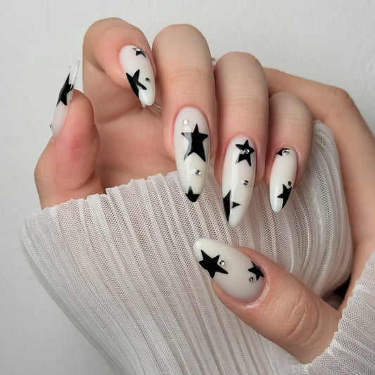 Celestial Dream Long Almond White and Black Star Accented Press On Nail Set