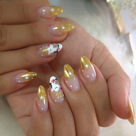 Enchanted Elegance Medium Almond Transparent Gold Glitter with Whimsical Floral Design Press On Nails Set