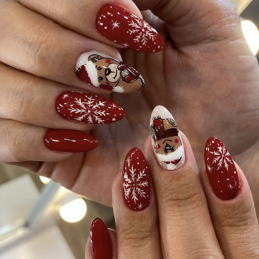 Festive Cheer Medium Almond Red with Snowflake and Santa Claus Designs Press On Nail Set