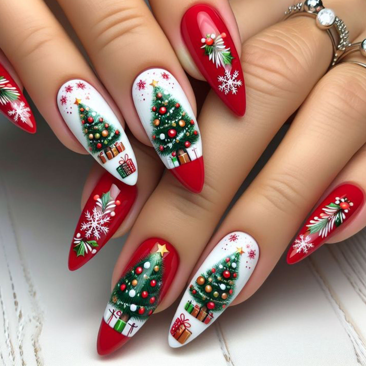 Festive Holiday Glamour Long Almond Red with Christmas Tree Art Press-On Nail Set