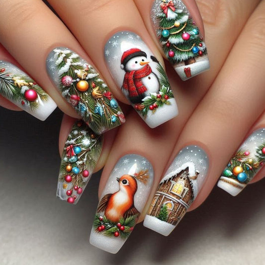 Winter Wonderland Long Square White Press-On Nail Set with Festive Christmas Artwork