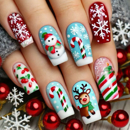 Festive Winter Wonderland Long Square Red and Blue Multi-Design Nail Set with Charming Holiday Characters