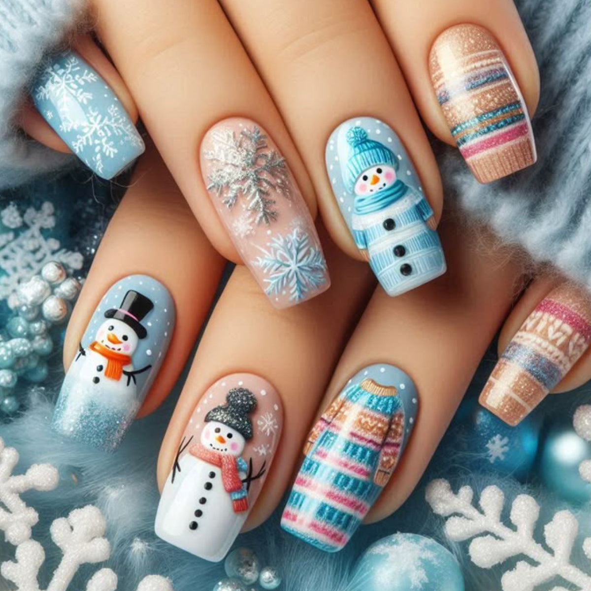 Winter Wonderland Long Square Blue Frosted Snowman Nail Set with Holiday Sweater Designs