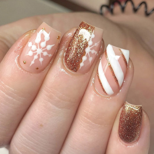 Winter Wonderland Shimmer Short Square Beige with Glittering Gold and Festive Snowflake Design Press-On Nail Set