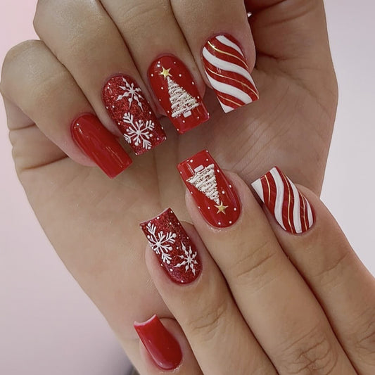 Festive Glam Medium Square Red with Winter Wonderland Designs Press on Nail Set
