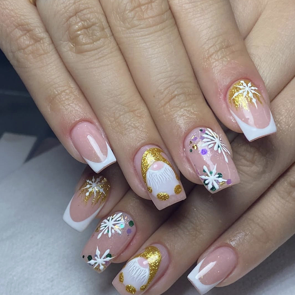 Winter Wonderland Elegant Medium Square Beige Nails with Gold Glitter and Floral Accents