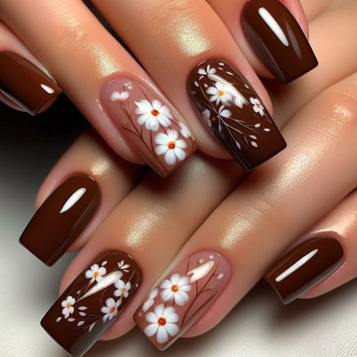 Botanical Bliss Long Square Brown Floral Press On Nail Set